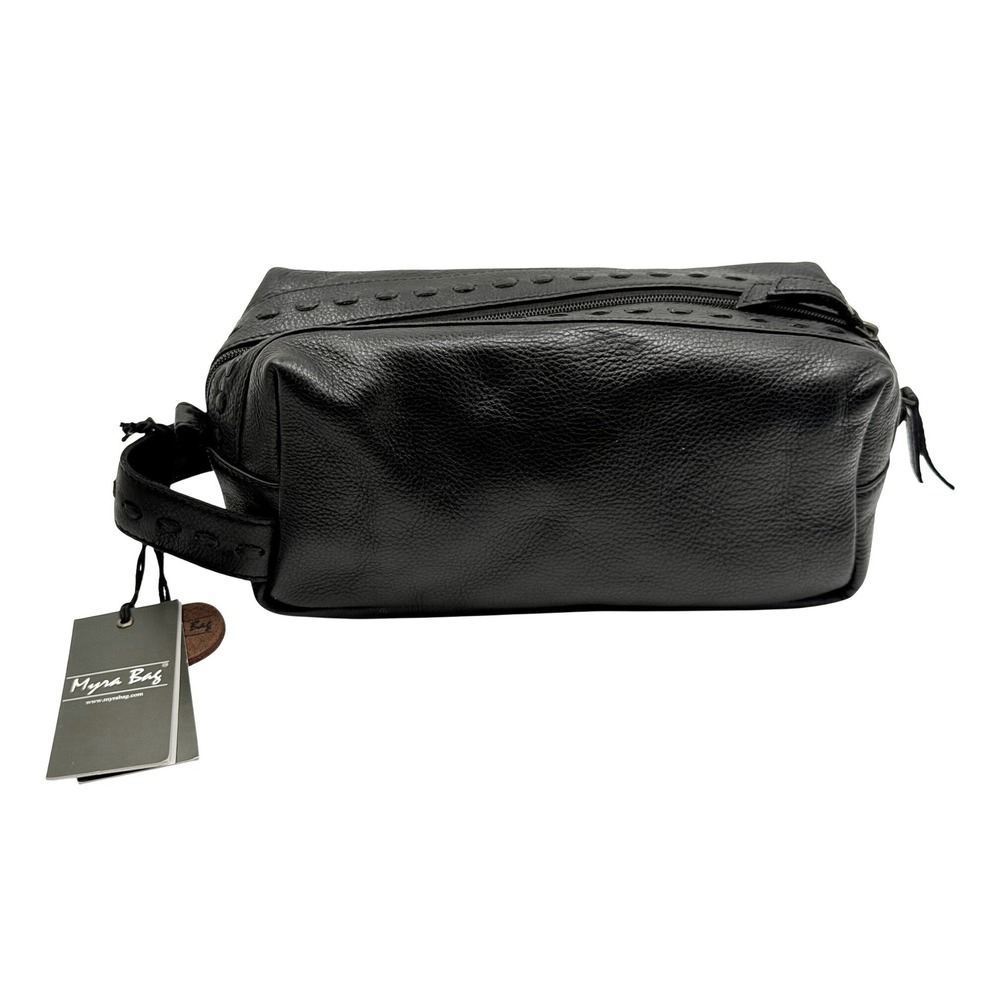 Myra Bag Black Leather Toiletry Travel Organizer Pouch Bag